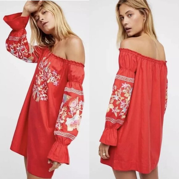 Free People Size S Red Fleur Du Jour Floral Embroidered Boho Off Shoulder Dress - Picture 1 of 16